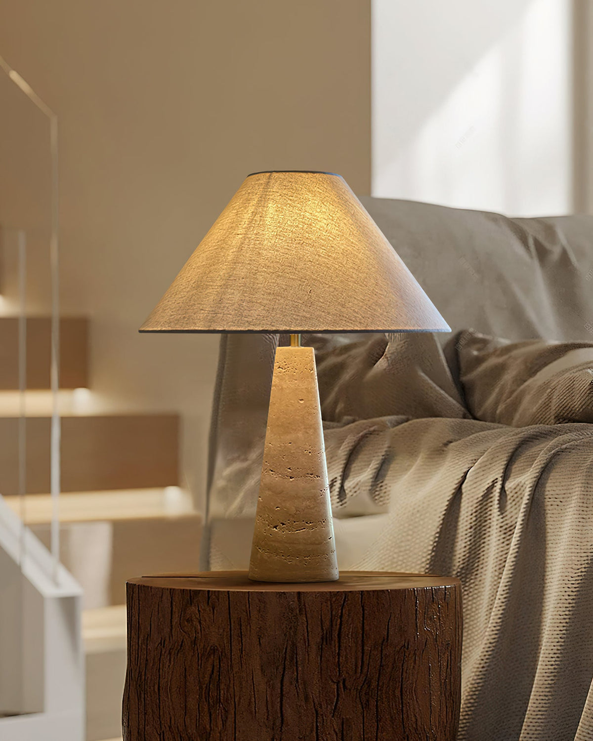 Lulu Travertine Table Lamp - Natural Stone Pedestal & Fabric Drum Shade