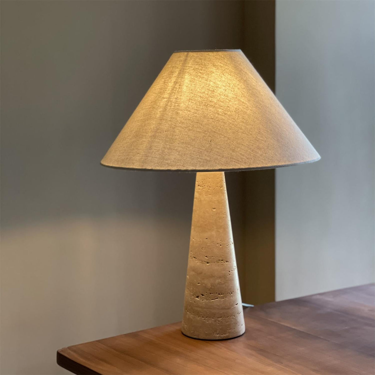 Lulu Travertine Table Lamp - Natural Stone Pedestal & Fabric Drum Shade