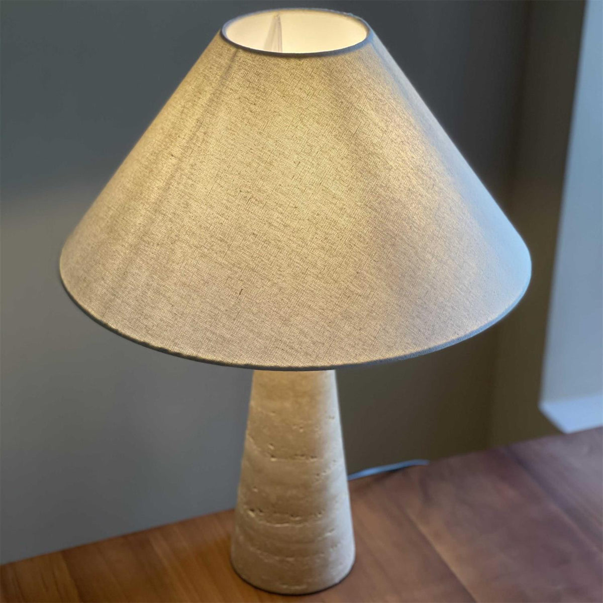 Lulu Travertine Table Lamp - Natural Stone Pedestal & Fabric Drum Shade
