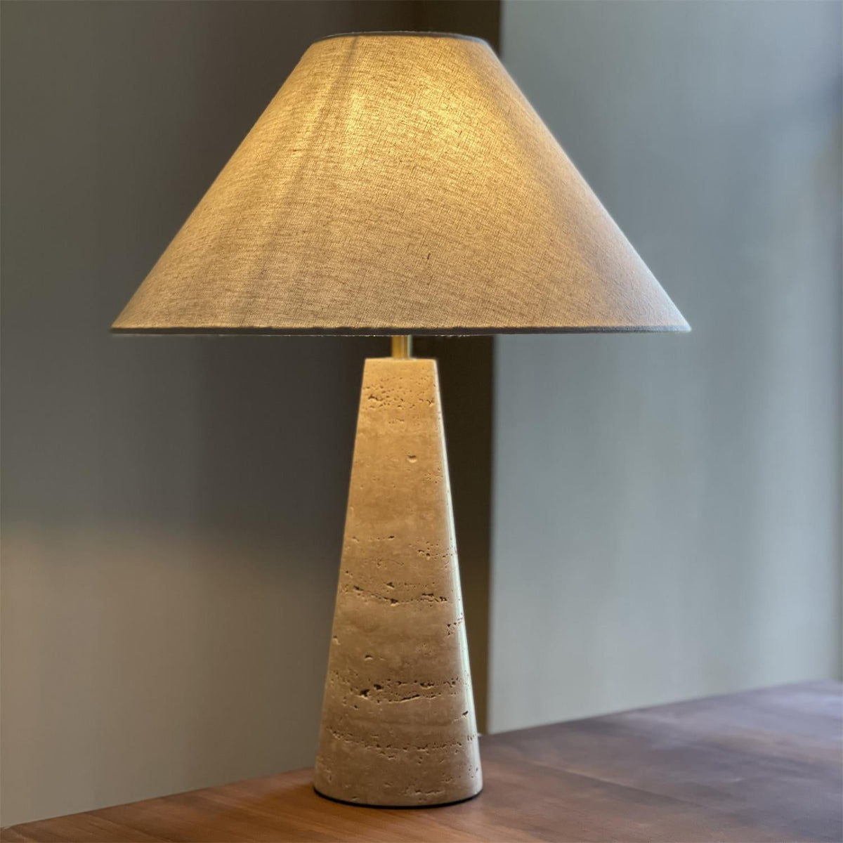 Lulu Travertine Table Lamp - Natural Stone Pedestal & Fabric Drum Shade