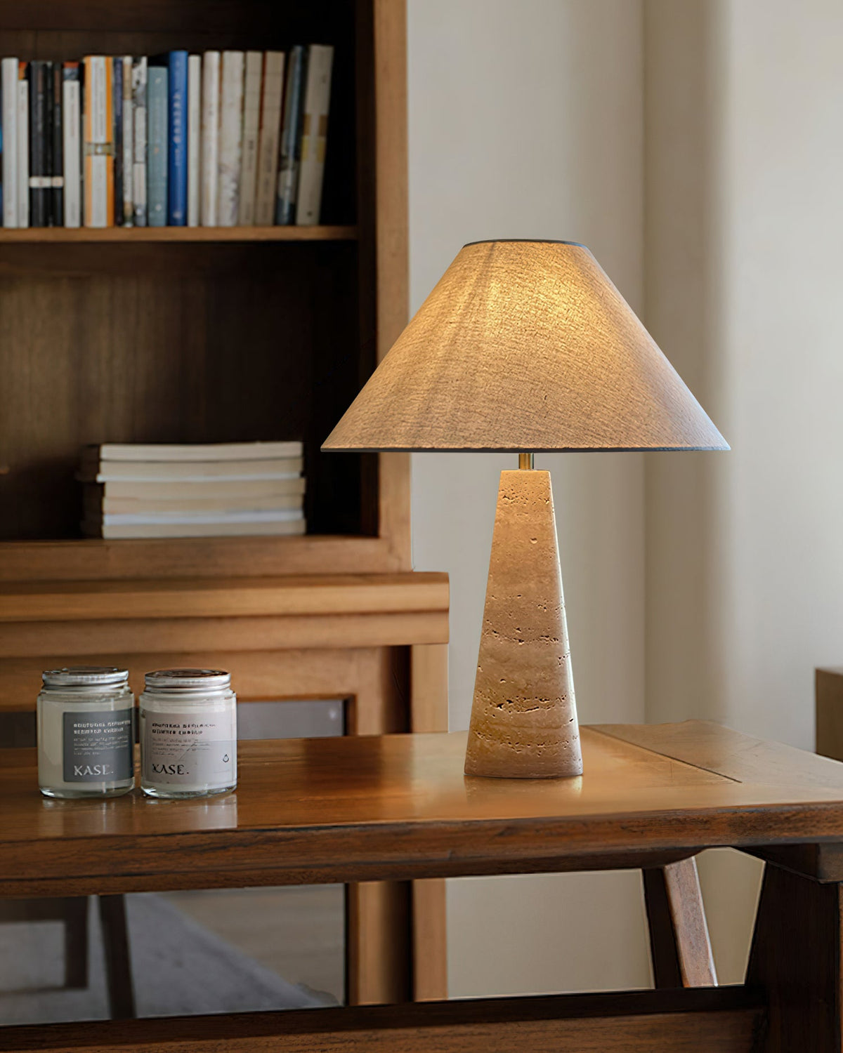 Lulu Travertine Table Lamp - Natural Stone Pedestal & Fabric Drum Shade