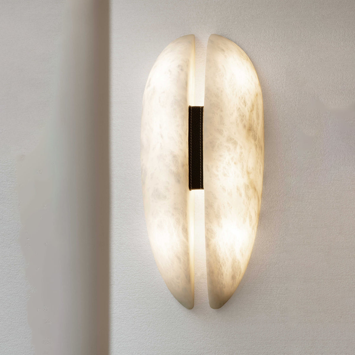 Luna Alabaster Wall Lamp - Natural Stone & Leather Detail Brass LED Sconce