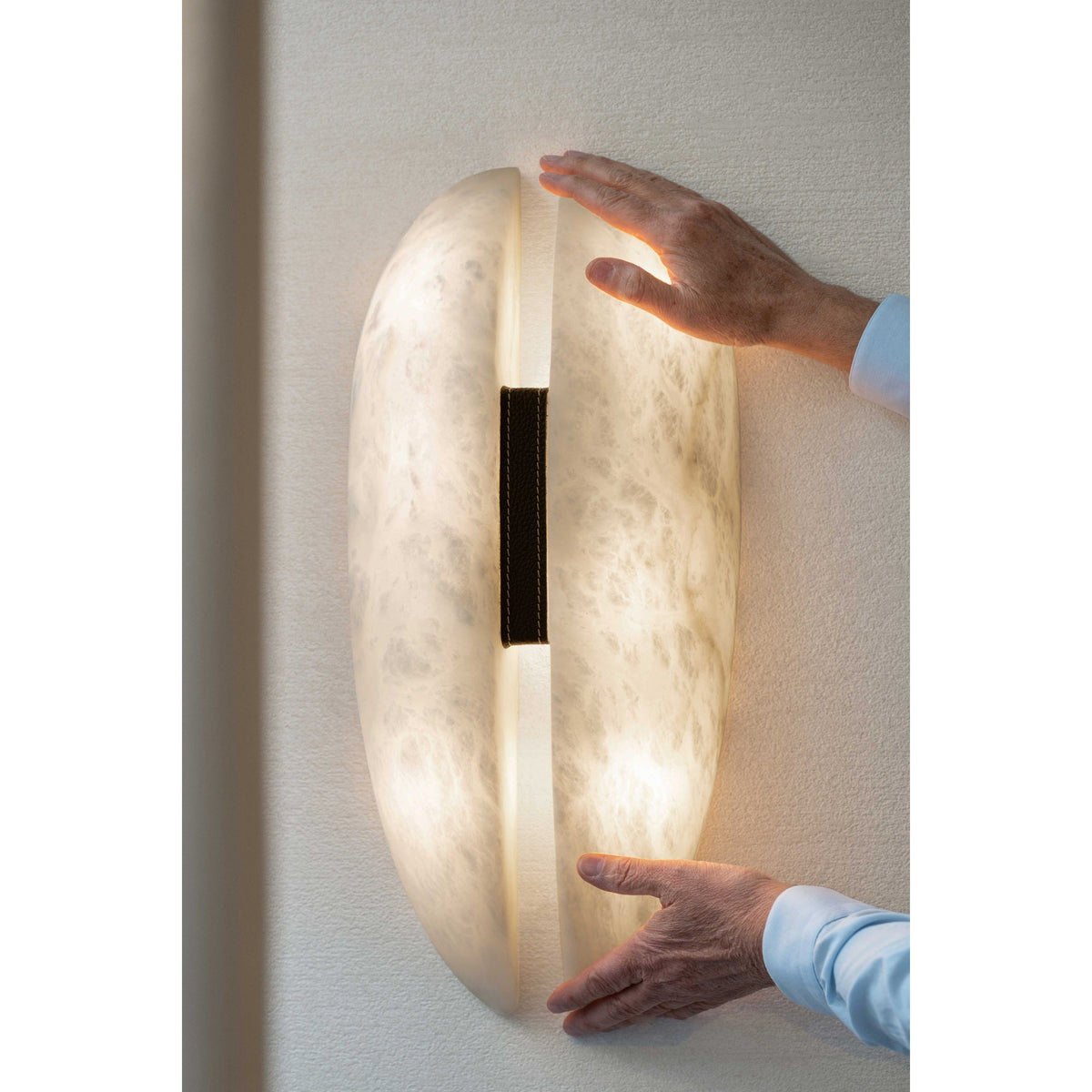 Luna Alabaster Wall Lamp - Natural Stone & Leather Detail Brass LED Sconce