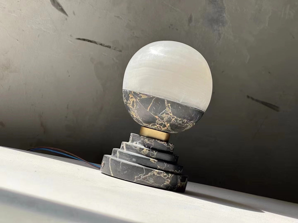 Lunar Marble Table Lamp - Natural Marble & White Jade Spherical Desk Light