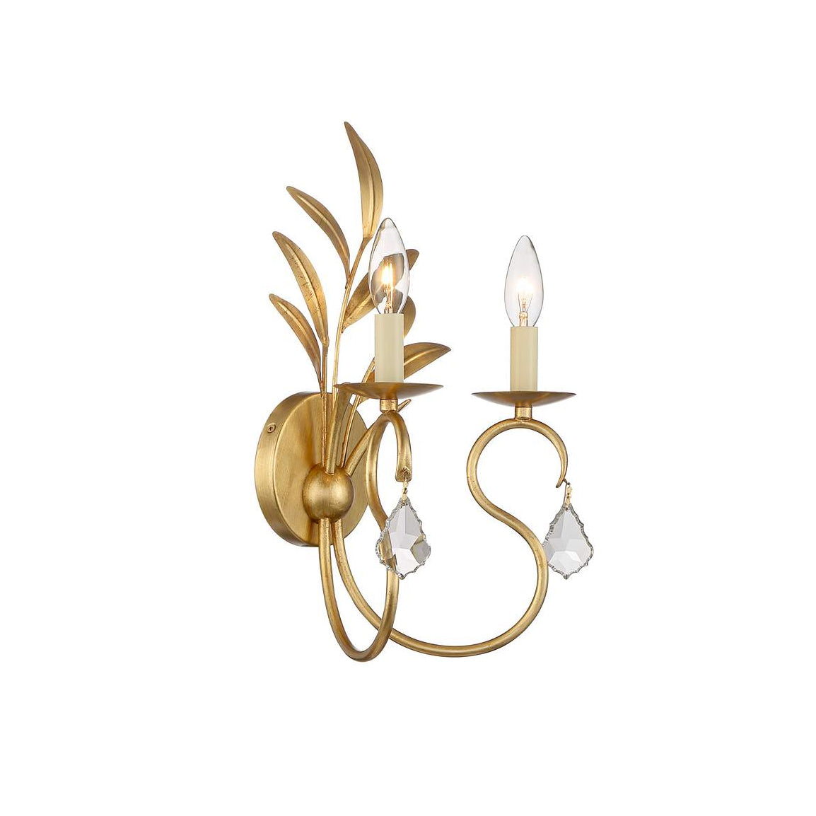Lydia Crystal Sconces - Traditional Brass Leaf & Faceted Crystal Wall Light
