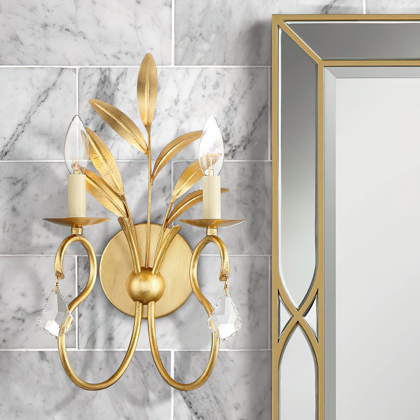 Lydia Crystal Sconces - Traditional Brass Leaf & Faceted Crystal Wall Light