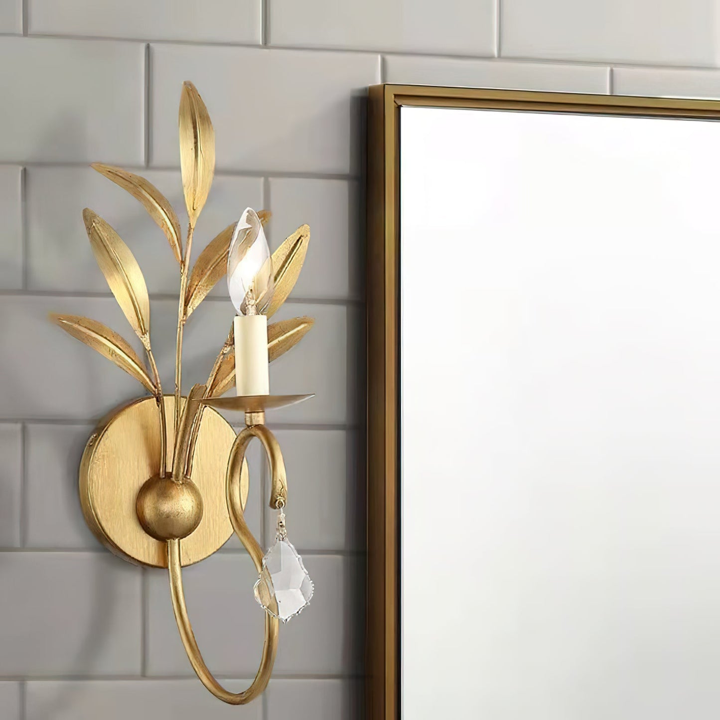 Lydia Crystal Sconces - Traditional Brass Leaf & Faceted Crystal Wall Light