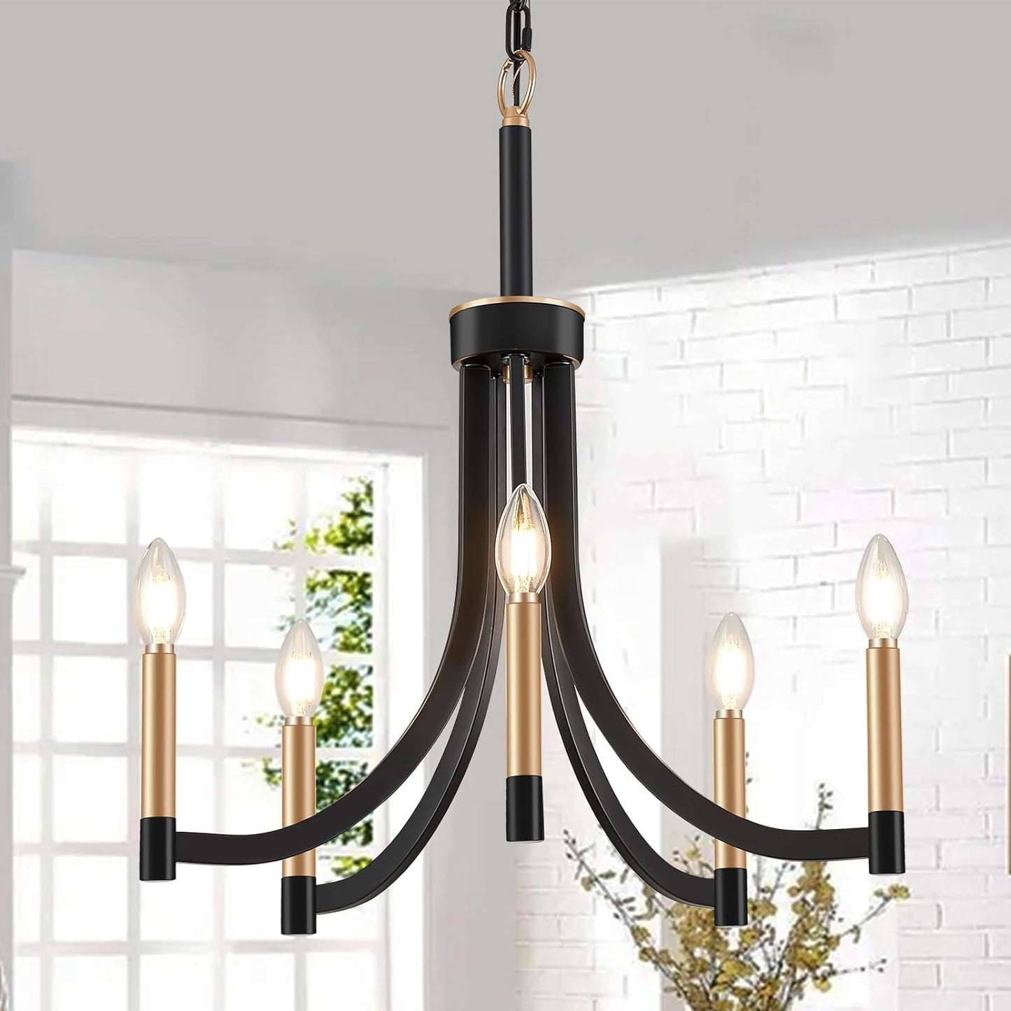 Lyndon Chandelier - Modern Transitional Brass & Black Pendant | Curved Arm Candelabra Chandelier