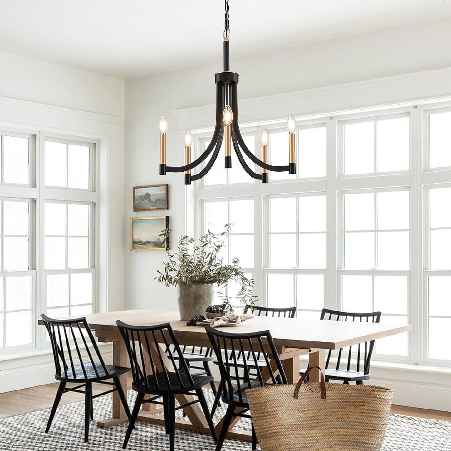Lyndon Chandelier - Modern Transitional Brass & Black Pendant | Curved Arm Candelabra Chandelier