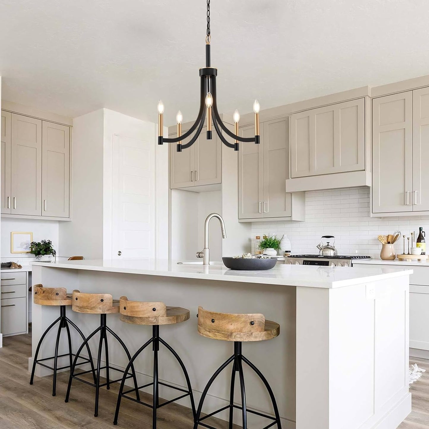 Lyndon Chandelier - Modern Transitional Brass & Black Pendant | Curved Arm Candelabra Chandelier