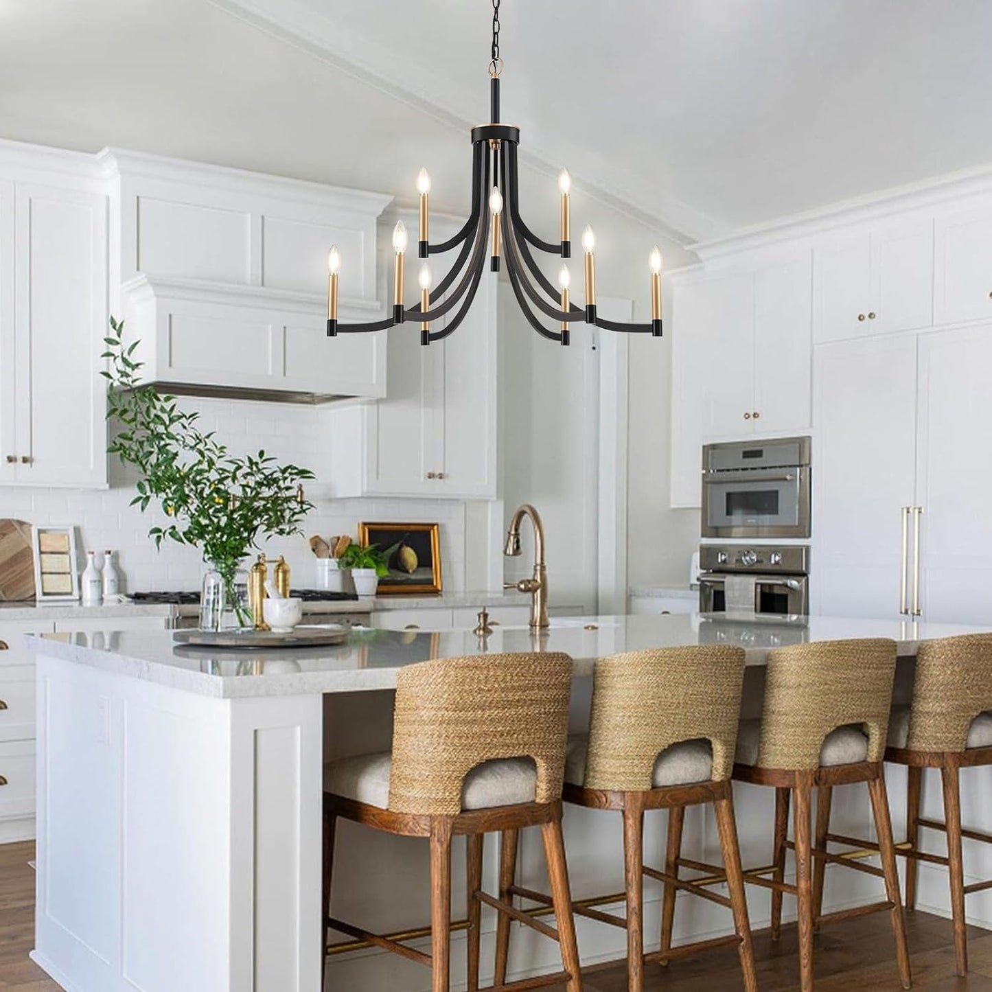 Lyndon Chandelier - Modern Transitional Brass & Black Pendant | Curved Arm Candelabra Chandelier
