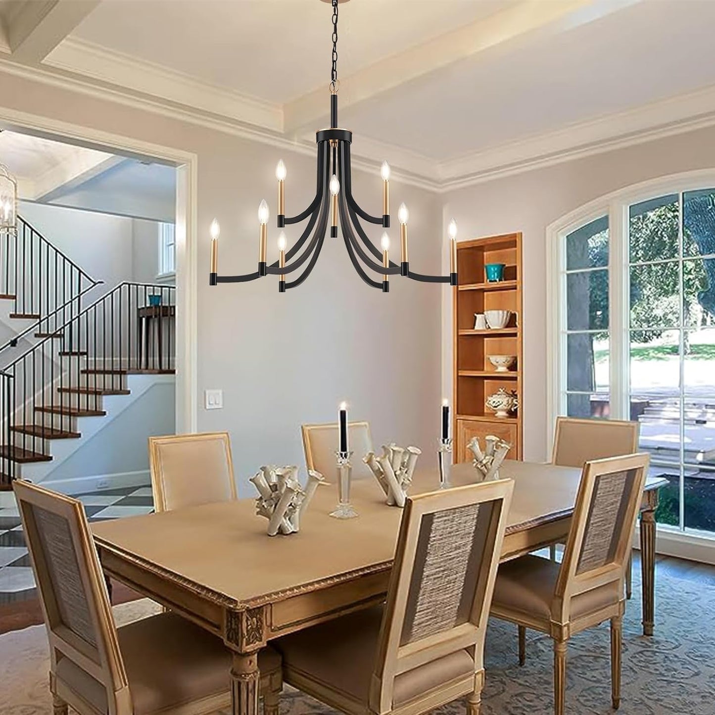 Lyndon Chandelier - Modern Transitional Brass & Black Pendant | Curved Arm Candelabra Chandelier