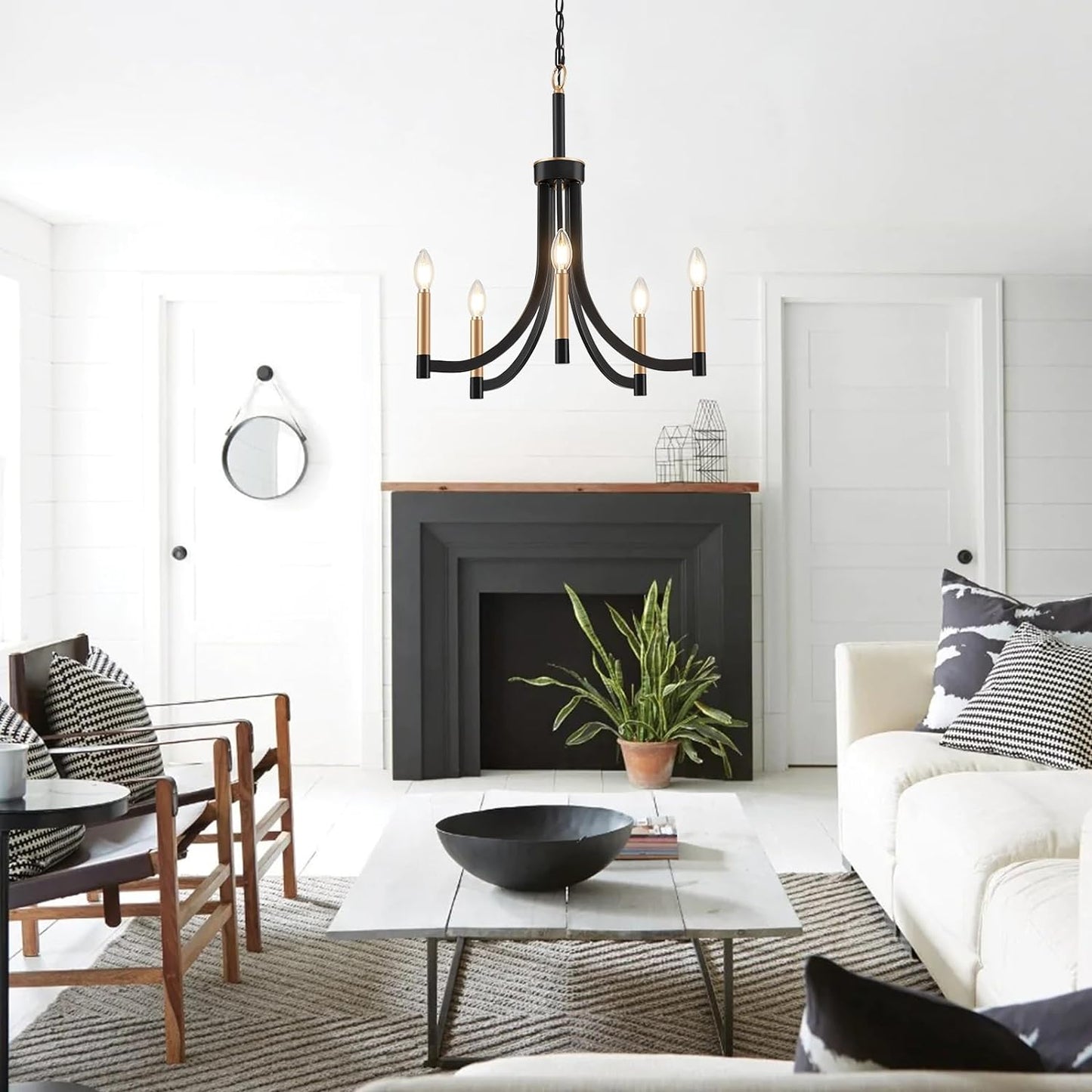Lyndon Chandelier - Modern Transitional Brass & Black Pendant | Curved Arm Candelabra Chandelier