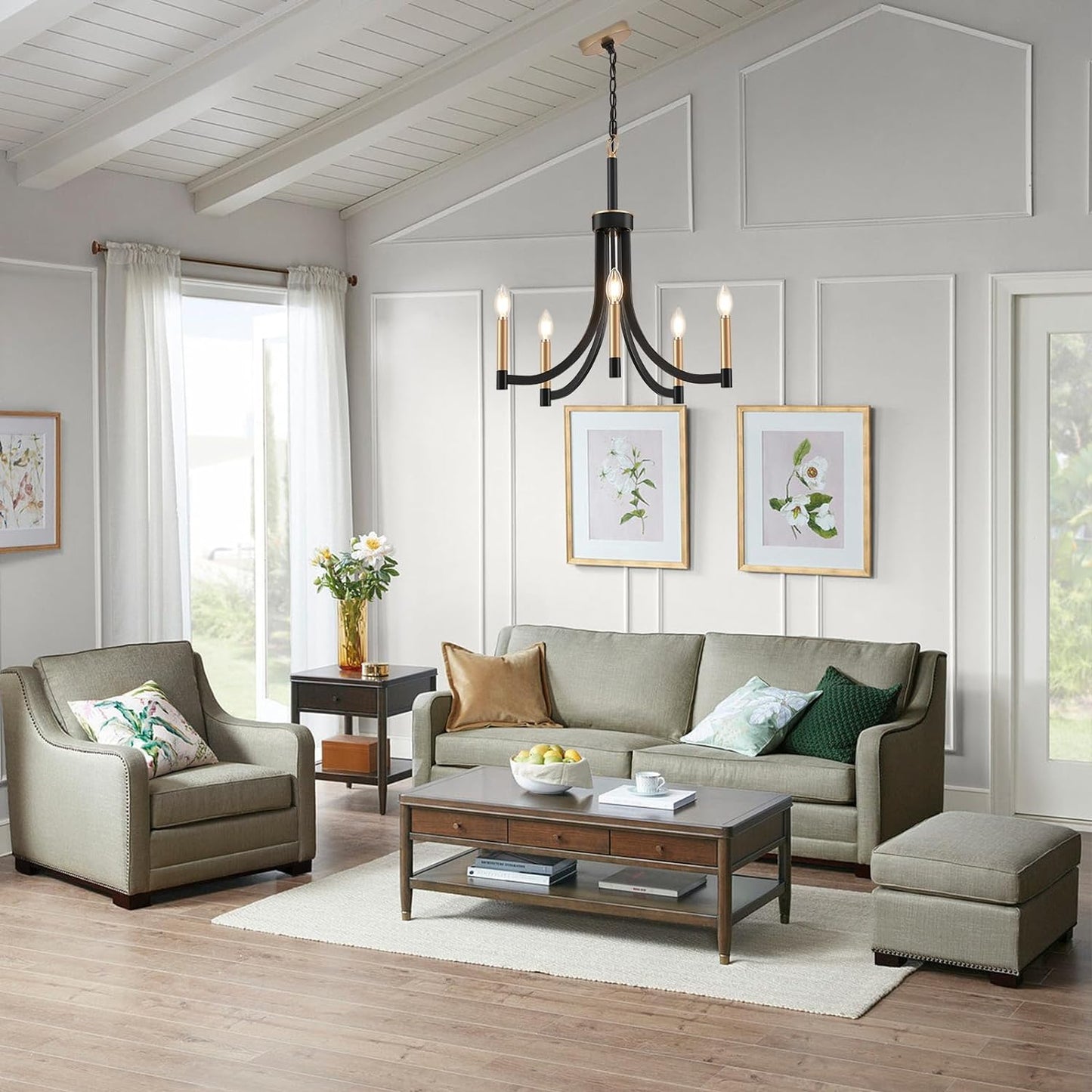Lyndon Chandelier - Modern Transitional Brass & Black Pendant | Curved Arm Candelabra Chandelier