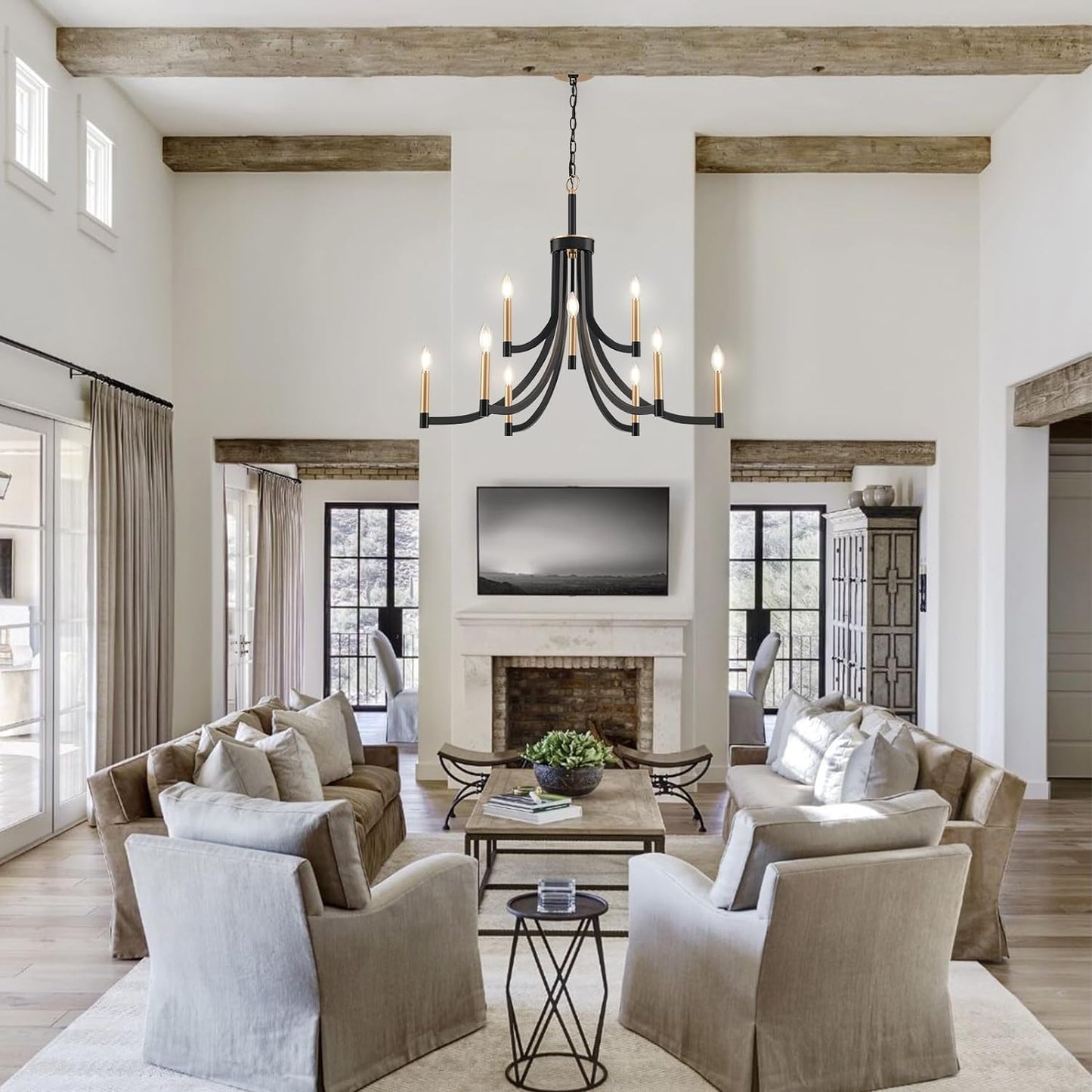 Lyndon Chandelier - Modern Transitional Brass & Black Pendant | Curved Arm Candelabra Chandelier