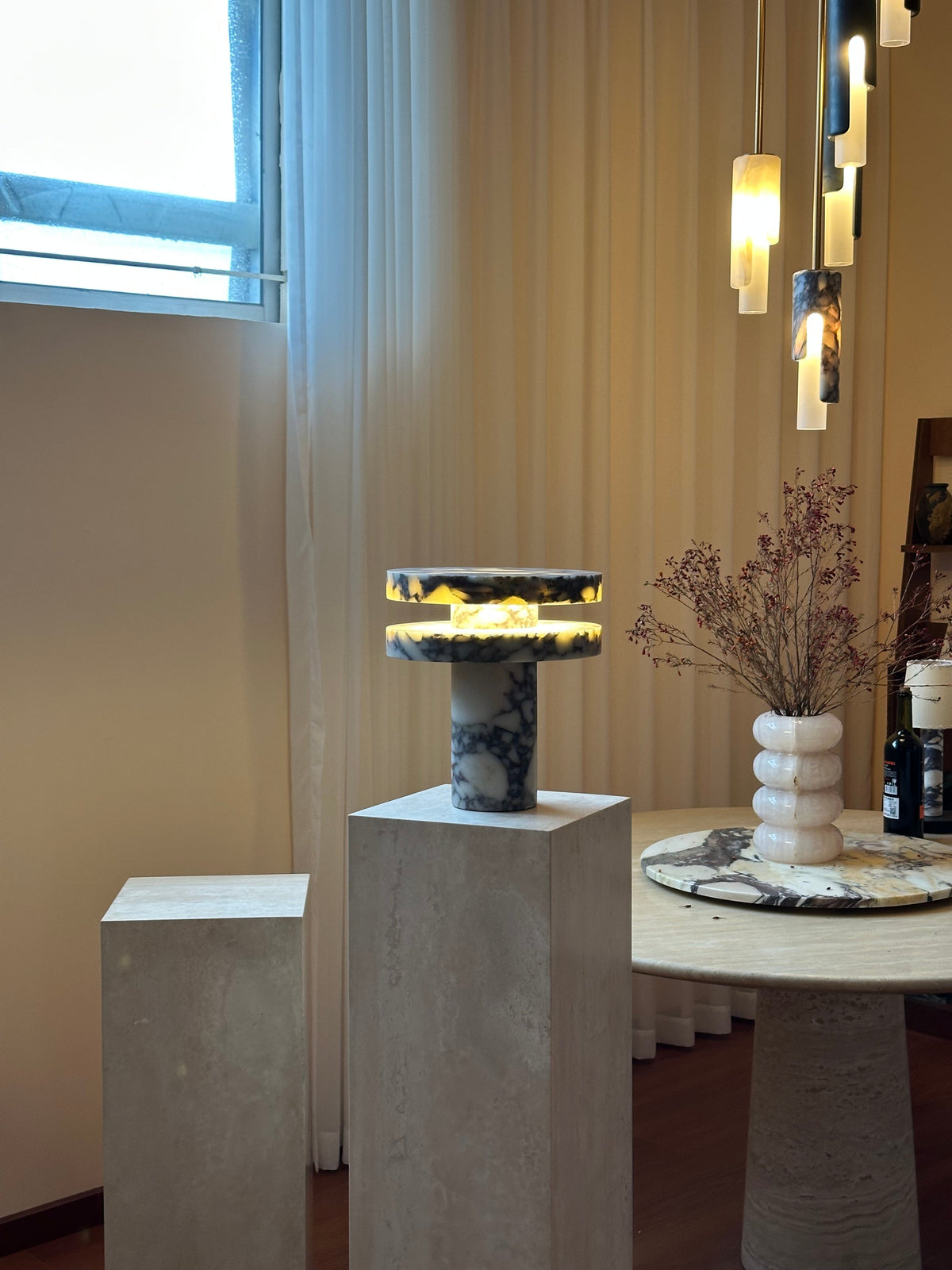 Pillar Marble Table Lamp - Solid Natural Stone Cylinder & LED