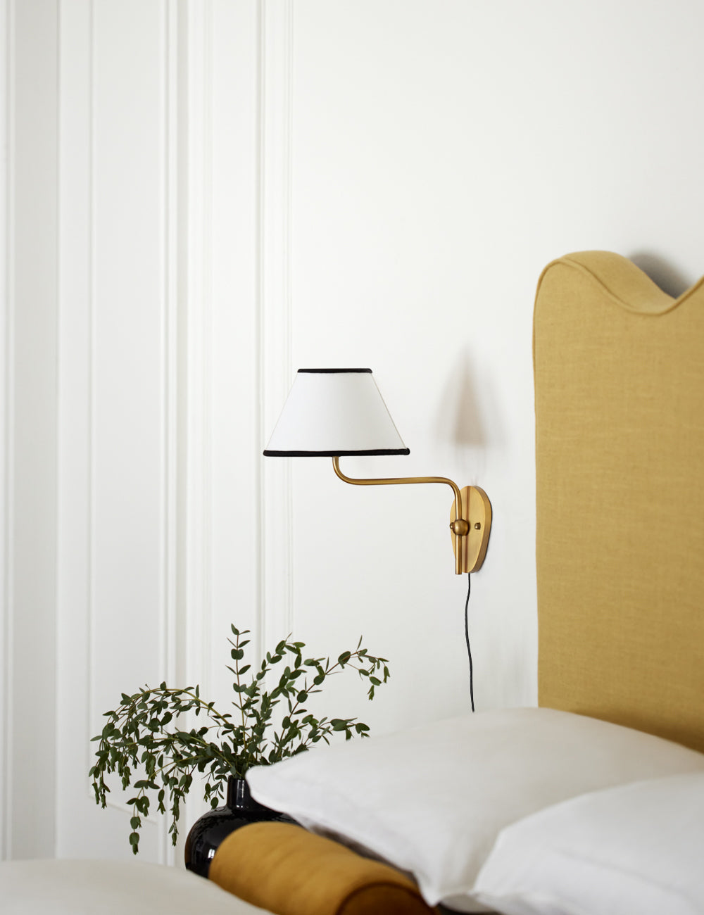 Magdalene Plug-in Wall Lamp - Brass Sconce with Wavy Arm & Fabric Shade