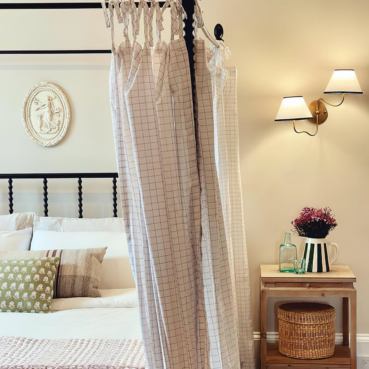 Magdalene Wall Lamp - Hardwired Brass Sconce with Wavy Arm & Fabric Shade