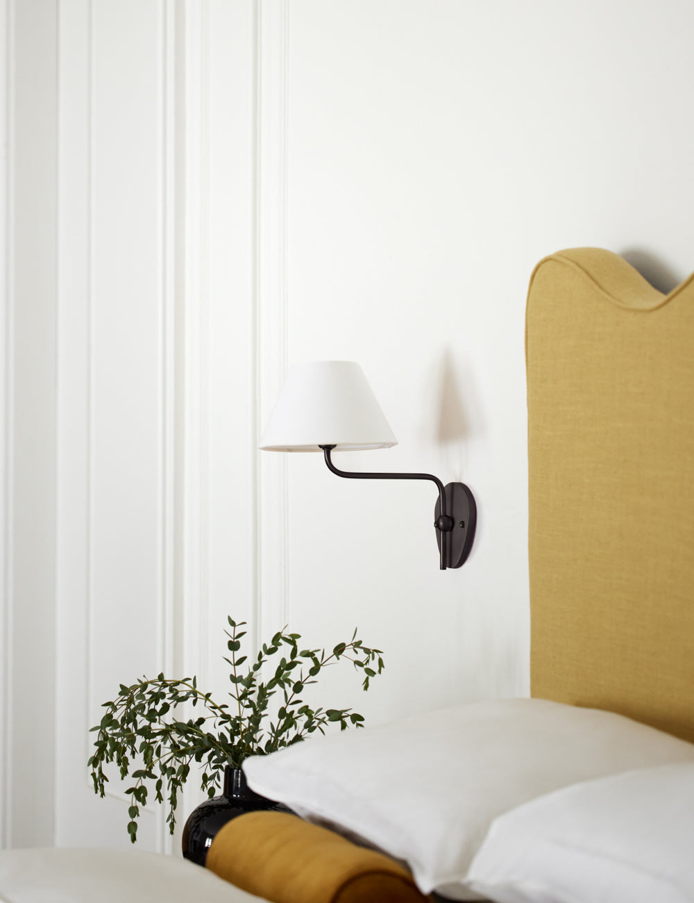 Magdalene Wall Lamp - Hardwired Brass Sconce with Wavy Arm & Fabric Shade