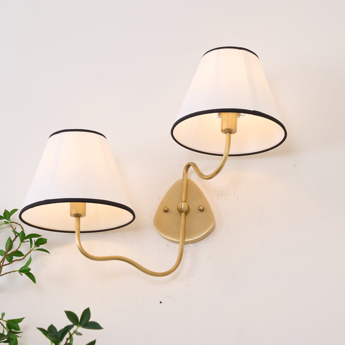 Magdalene Wall Lamp - Hardwired Brass Sconce with Wavy Arm & Fabric Shade
