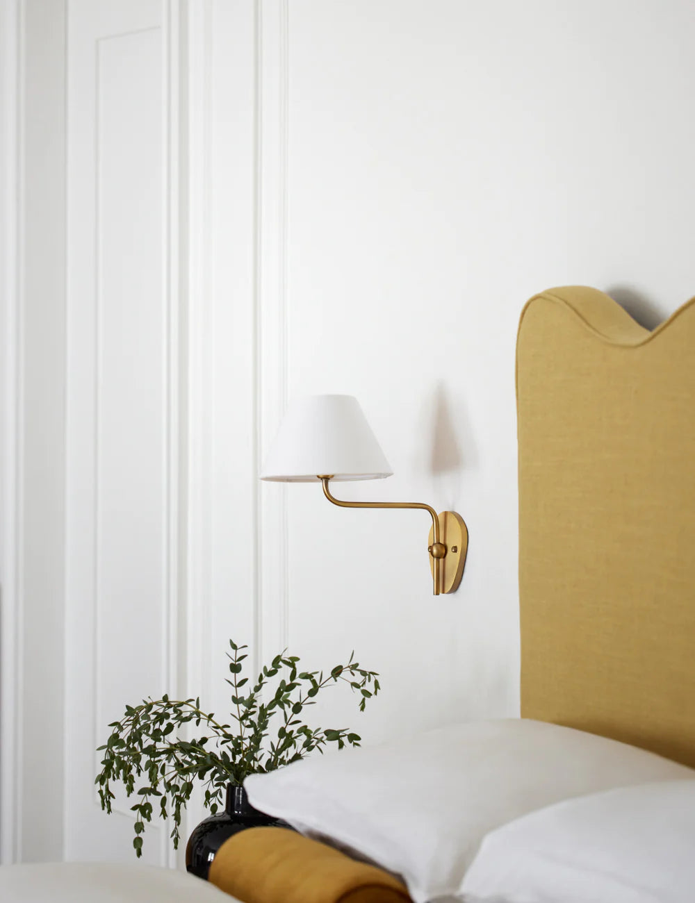Magdalene Wall Lamp - Hardwired Brass Sconce with Wavy Arm & Fabric Shade