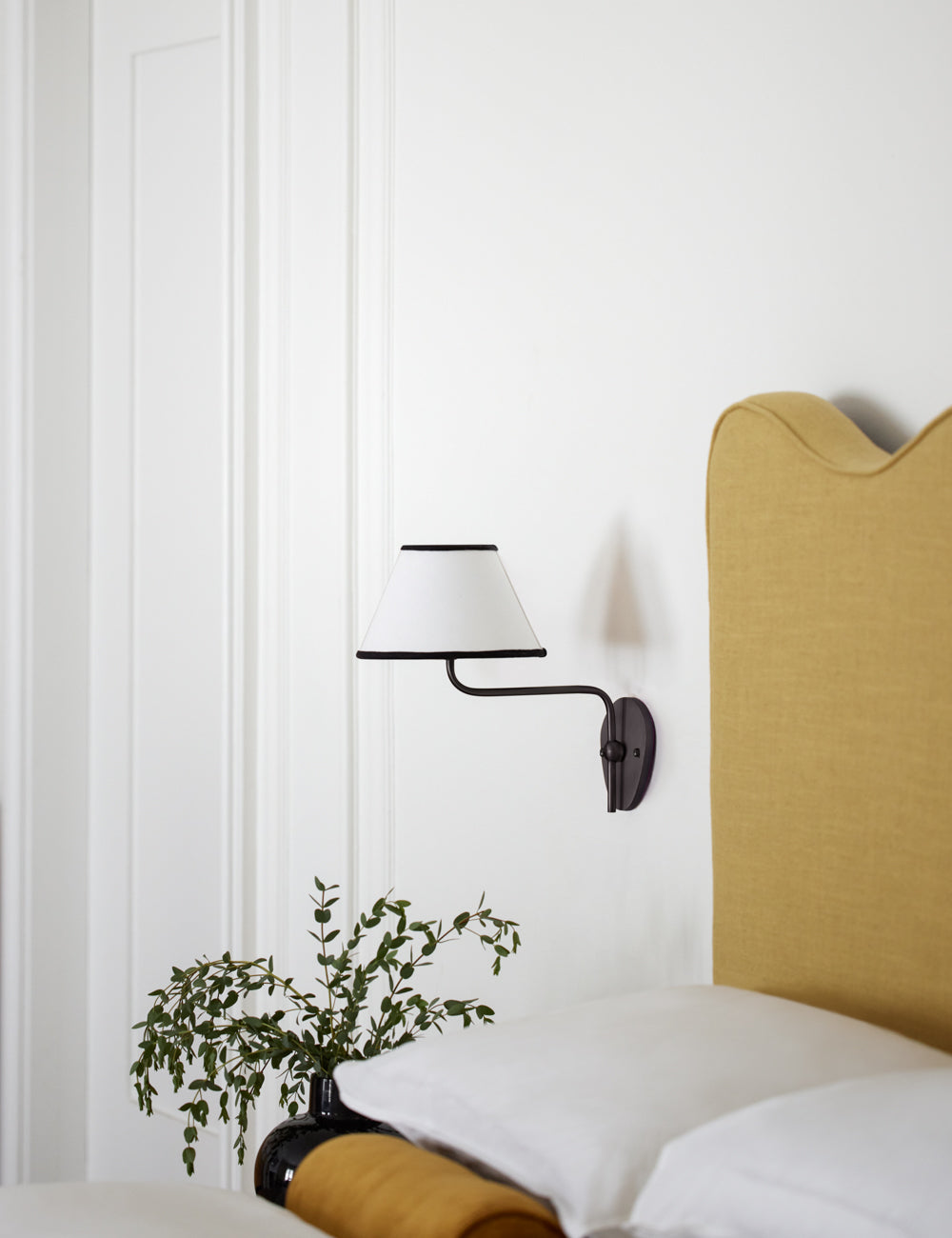 Magdalene Wall Lamp - Hardwired Brass Sconce with Wavy Arm & Fabric Shade