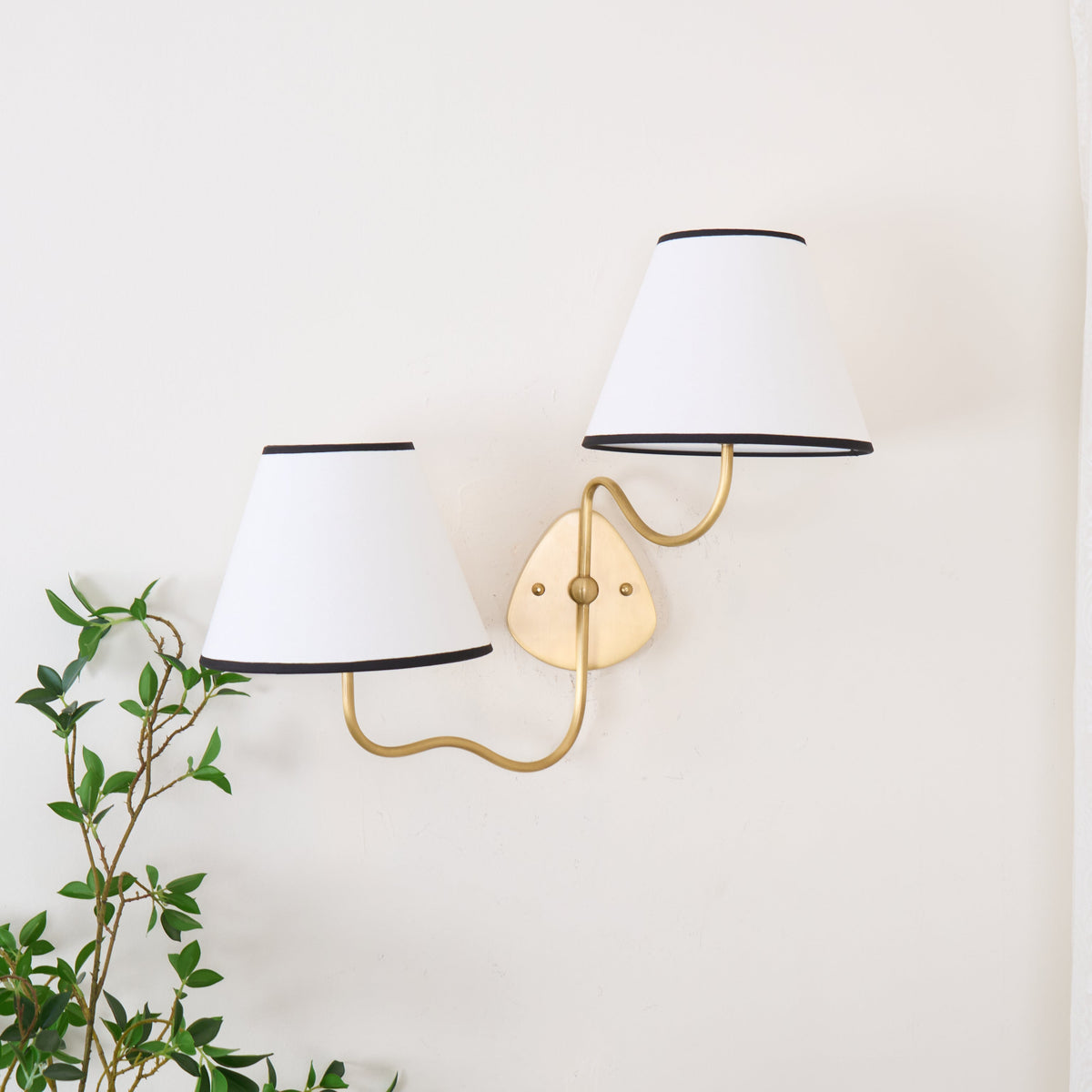 Magdalene Wall Lamp - Hardwired Brass Sconce with Wavy Arm & Fabric Shade