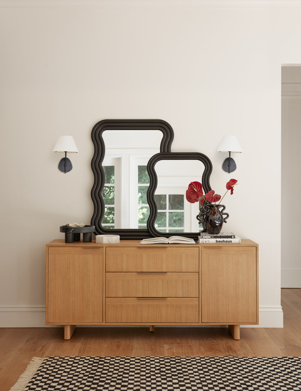 Magdalene Wall Lamp - Hardwired Brass Sconce with Wavy Arm & Fabric Shade