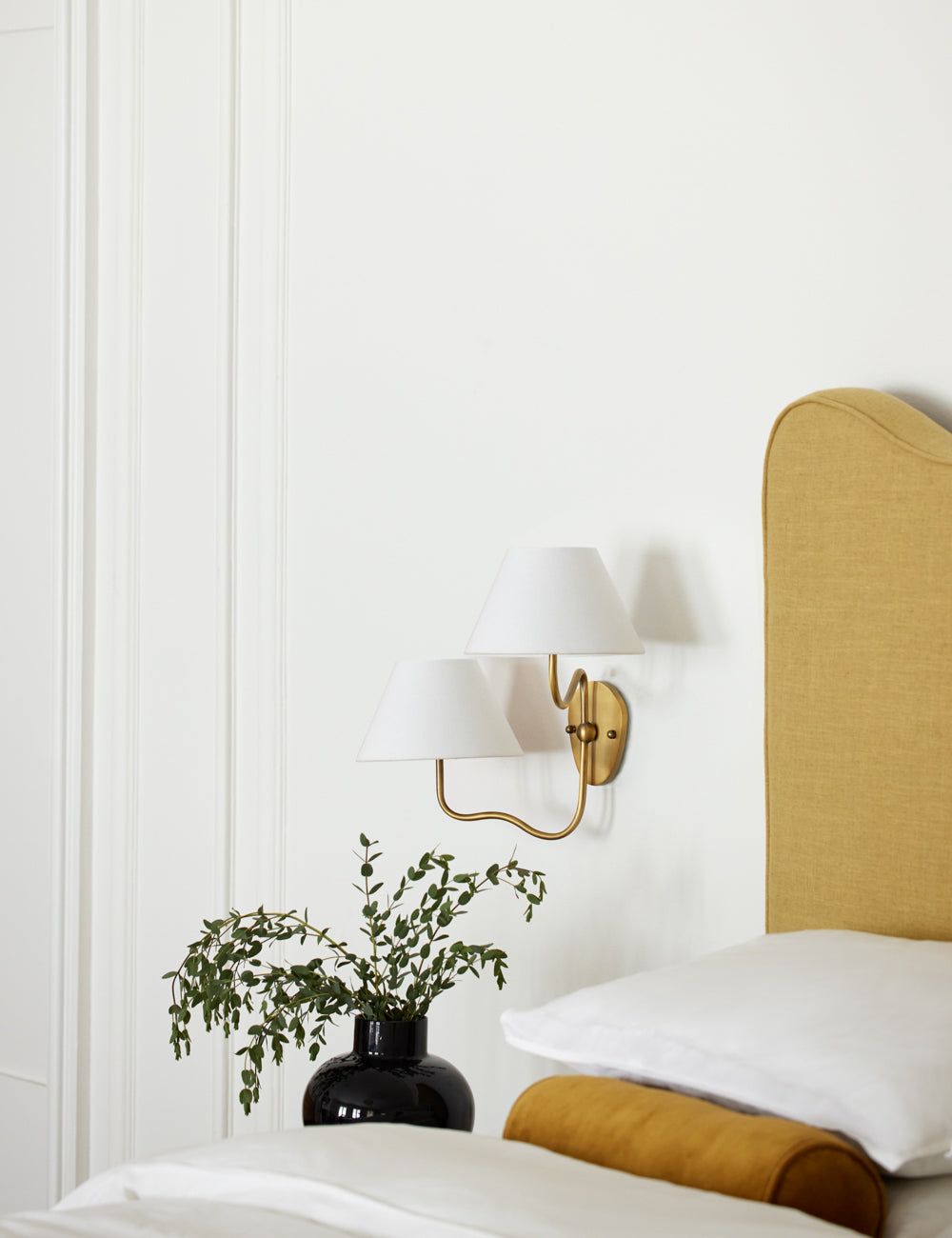 Magdalene Wall Lamp - Hardwired Brass Sconce with Wavy Arm & Fabric Shade