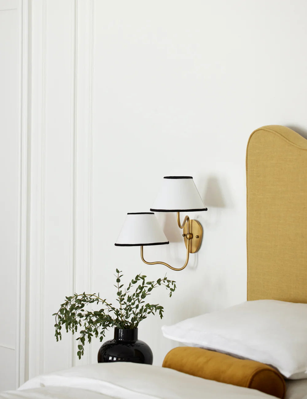 Magdalene Wall Lamp - Hardwired Brass Sconce with Wavy Arm & Fabric Shade