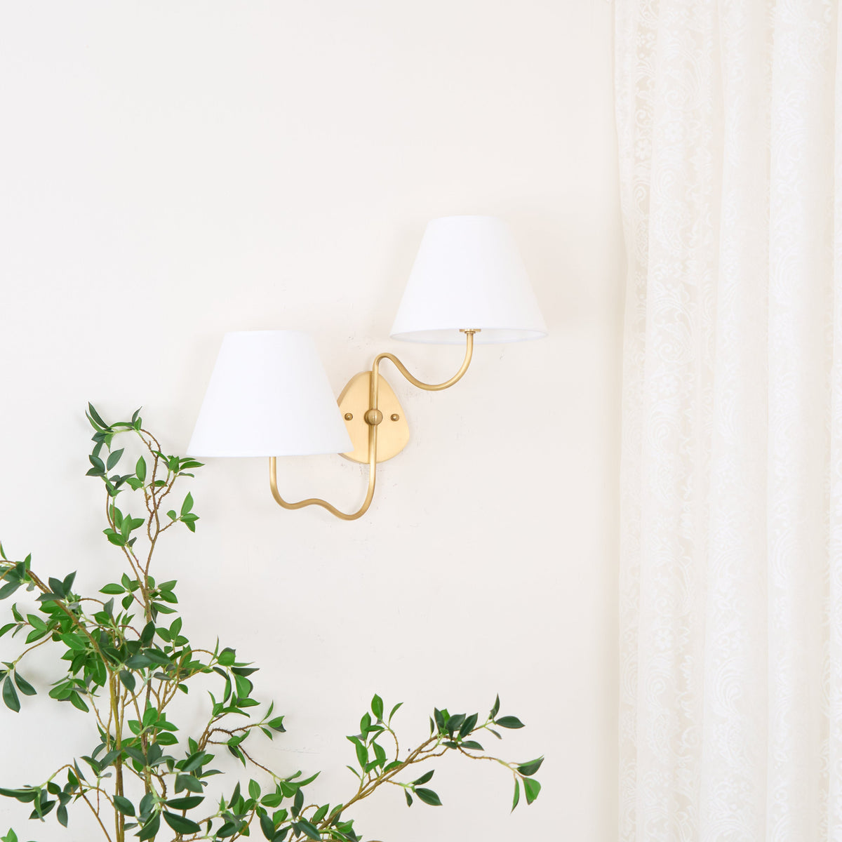Magdalene Wall Lamp - Hardwired Brass Sconce with Wavy Arm & Fabric Shade