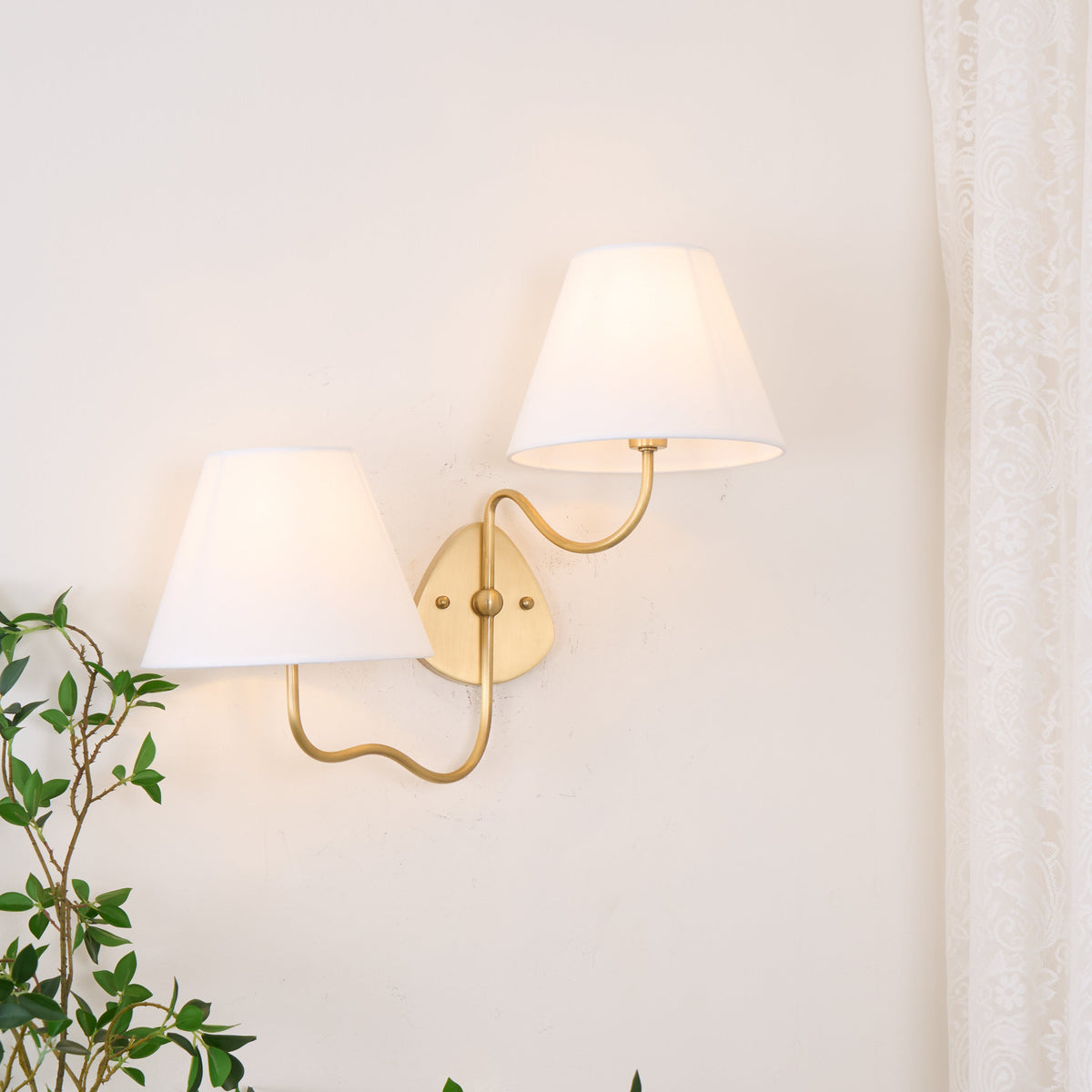 Magdalene Wall Lamp - Hardwired Brass Sconce with Wavy Arm & Fabric Shade