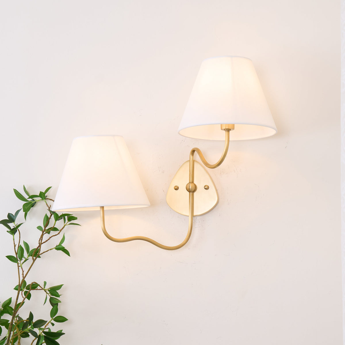 Magdalene Wall Lamp - Hardwired Brass Sconce with Wavy Arm & Fabric Shade