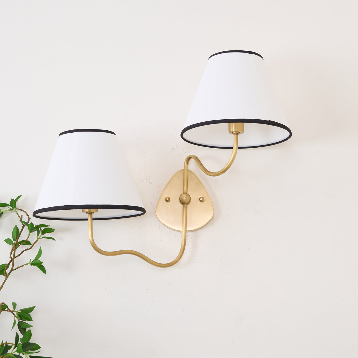Magdalene Wall Lamp - Hardwired Brass Sconce with Wavy Arm & Fabric Shade