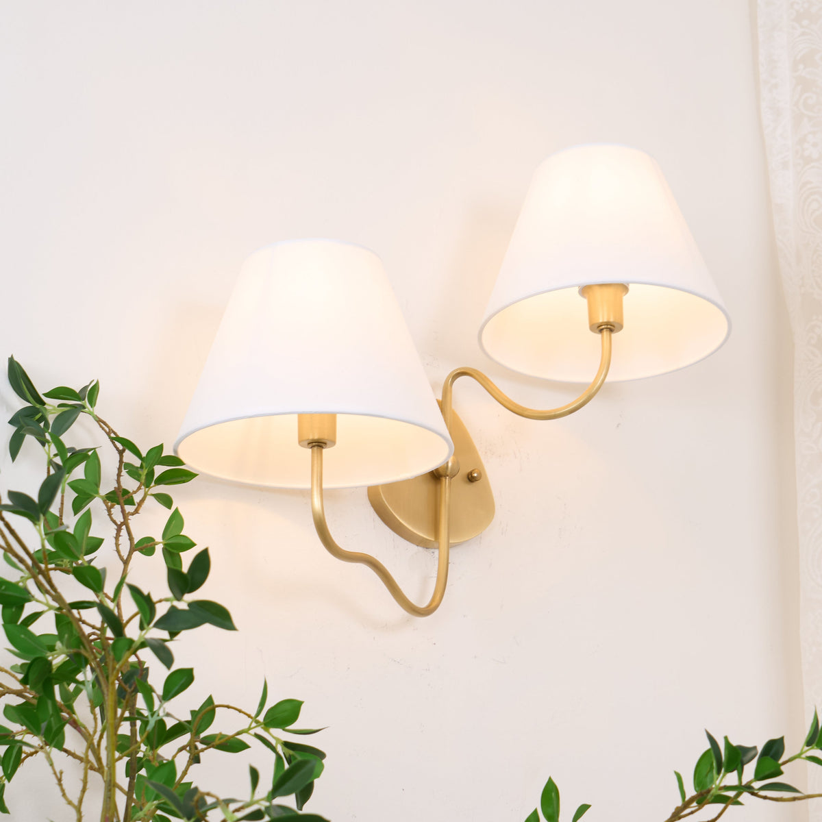 Magdalene Wall Lamp - Hardwired Brass Sconce with Wavy Arm & Fabric Shade