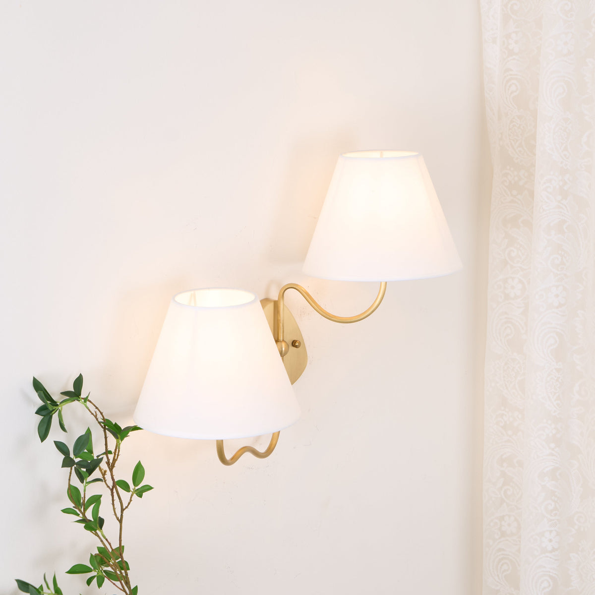Magdalene Wall Lamp - Hardwired Brass Sconce with Wavy Arm & Fabric Shade