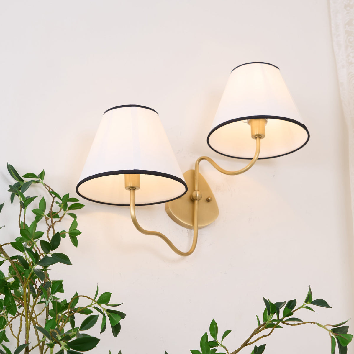 Magdalene Wall Lamp - Hardwired Brass Sconce with Wavy Arm & Fabric Shade