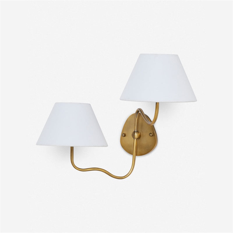 Magdalene Wall Lamp - Hardwired Brass Sconce with Wavy Arm & Fabric Shade