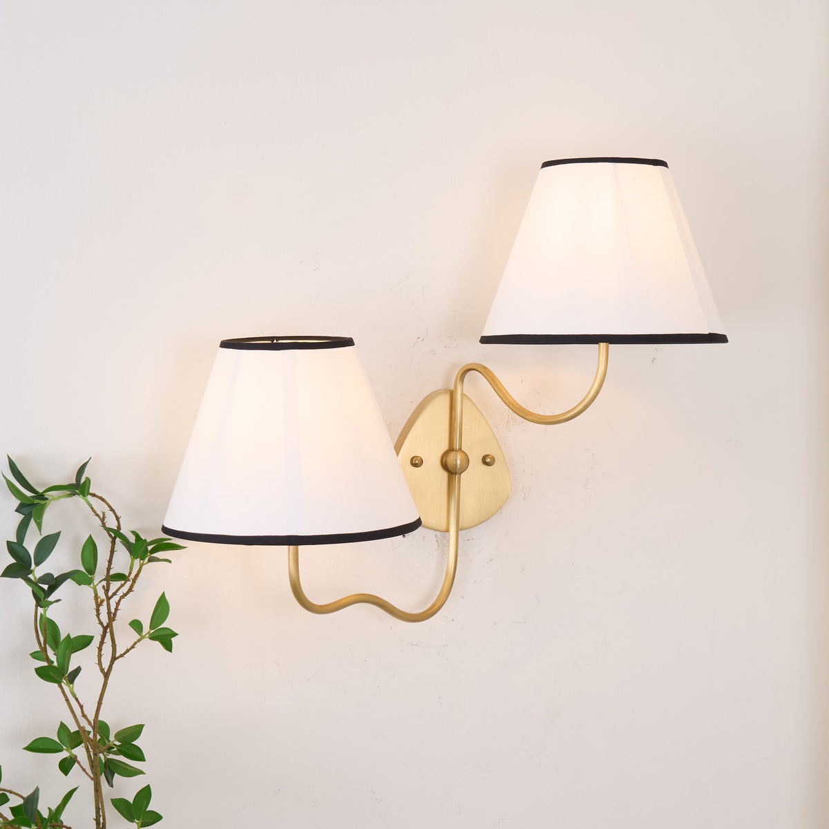 Magdalene Wall Lamp - Hardwired Brass Sconce with Wavy Arm & Fabric Shade