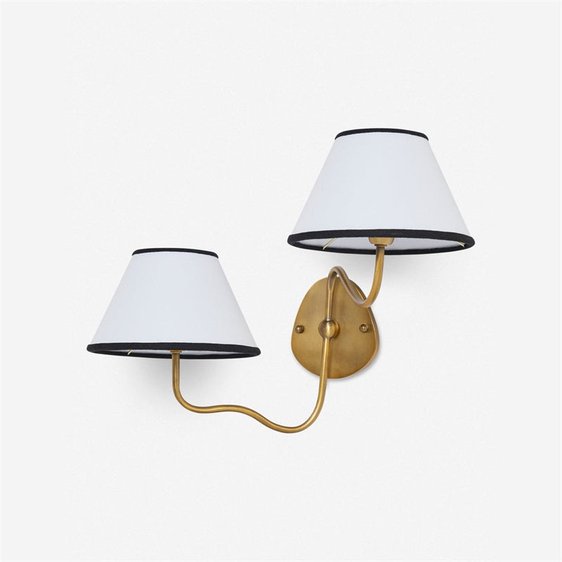 Magdalene Wall Lamp - Hardwired Brass Sconce with Wavy Arm & Fabric Shade