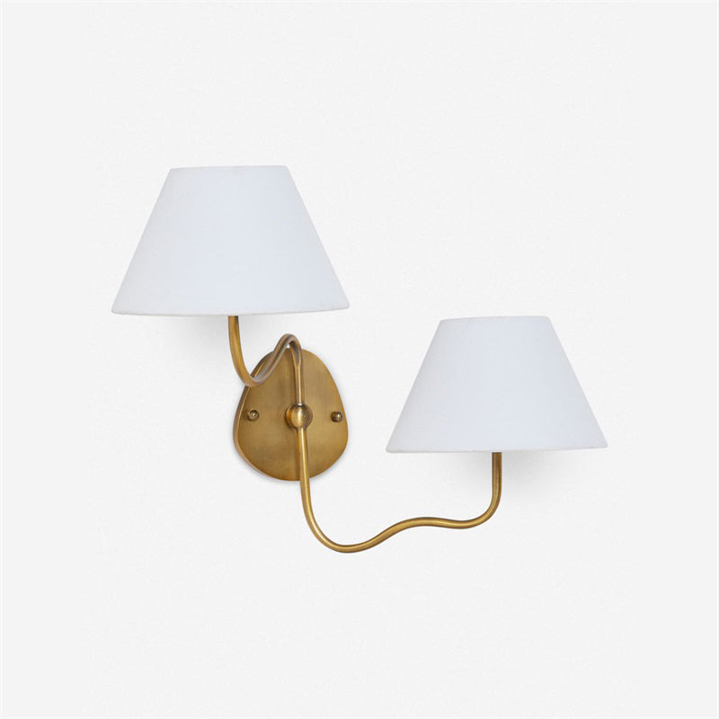 Magdalene Wall Lamp - Hardwired Brass Sconce with Wavy Arm & Fabric Shade