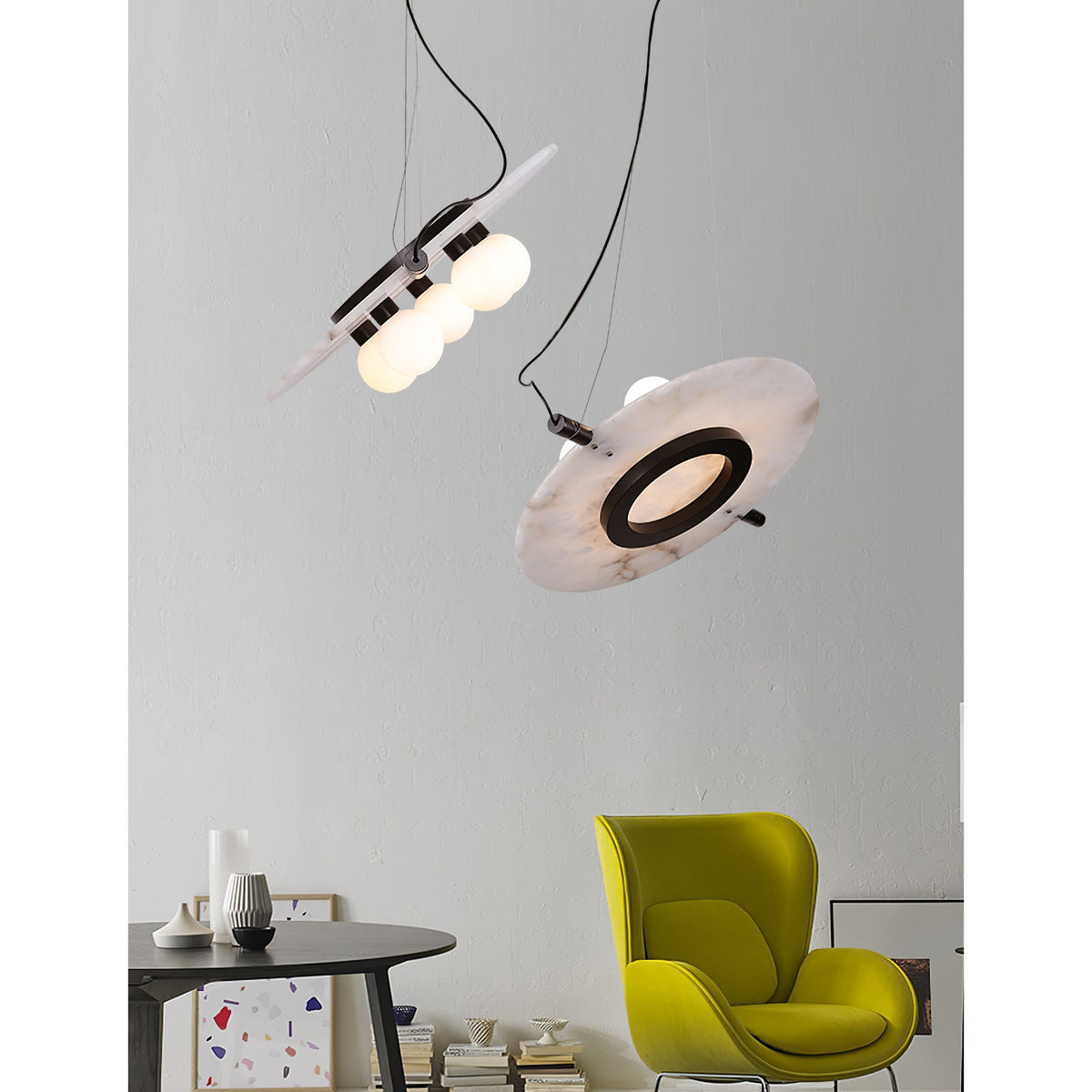 Magma Alabaster Pendant Lamp - Natural Translucent Stone & Metal Disc Light