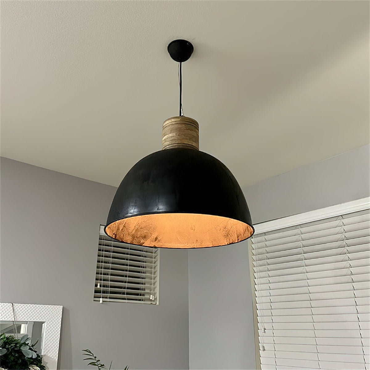 Makson Pendant Lamp - Farmhouse Distressed Metal & Wood Dome Pendant