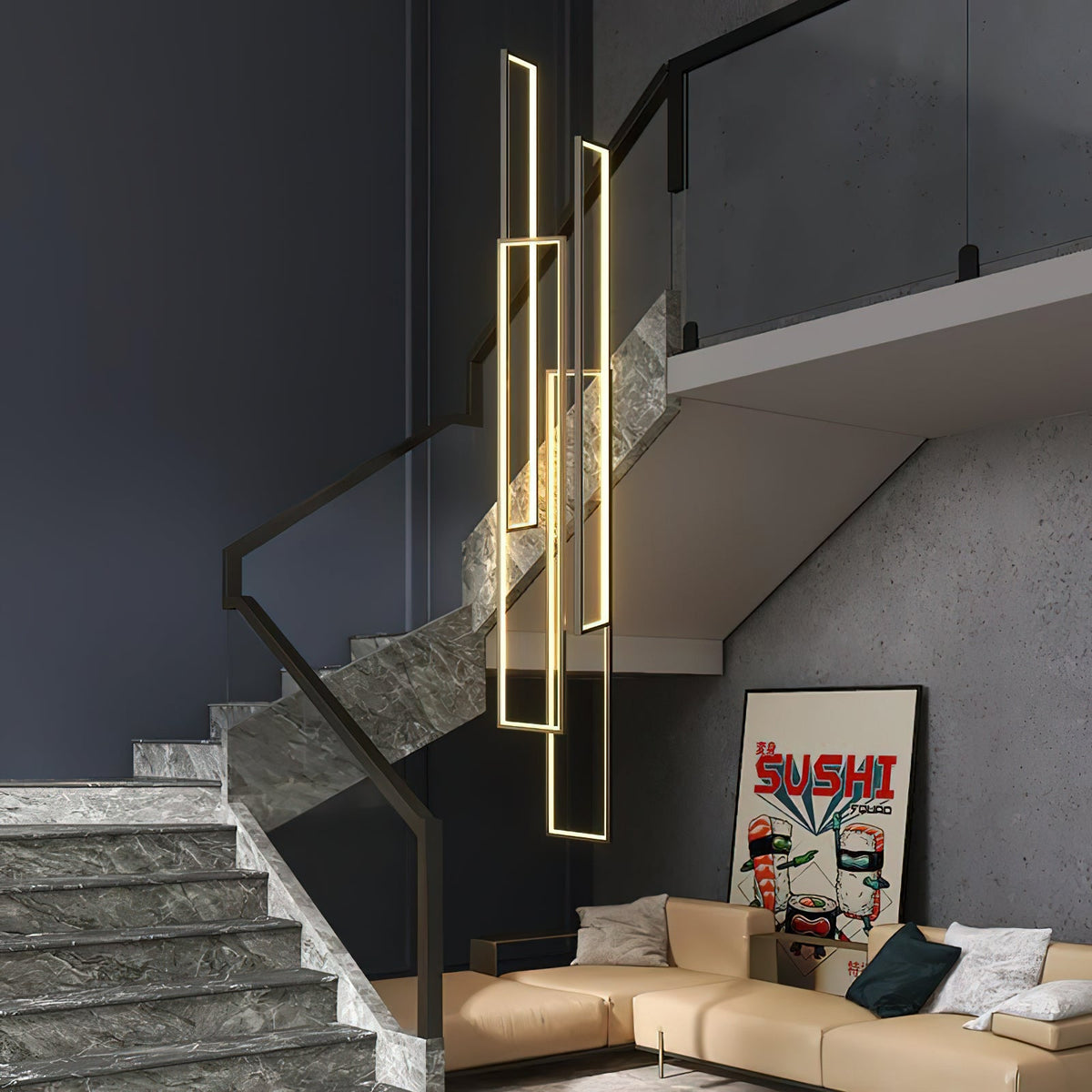 Marazi LED Pendant Light - Tiered Geometric Aluminum Linear Chandelier