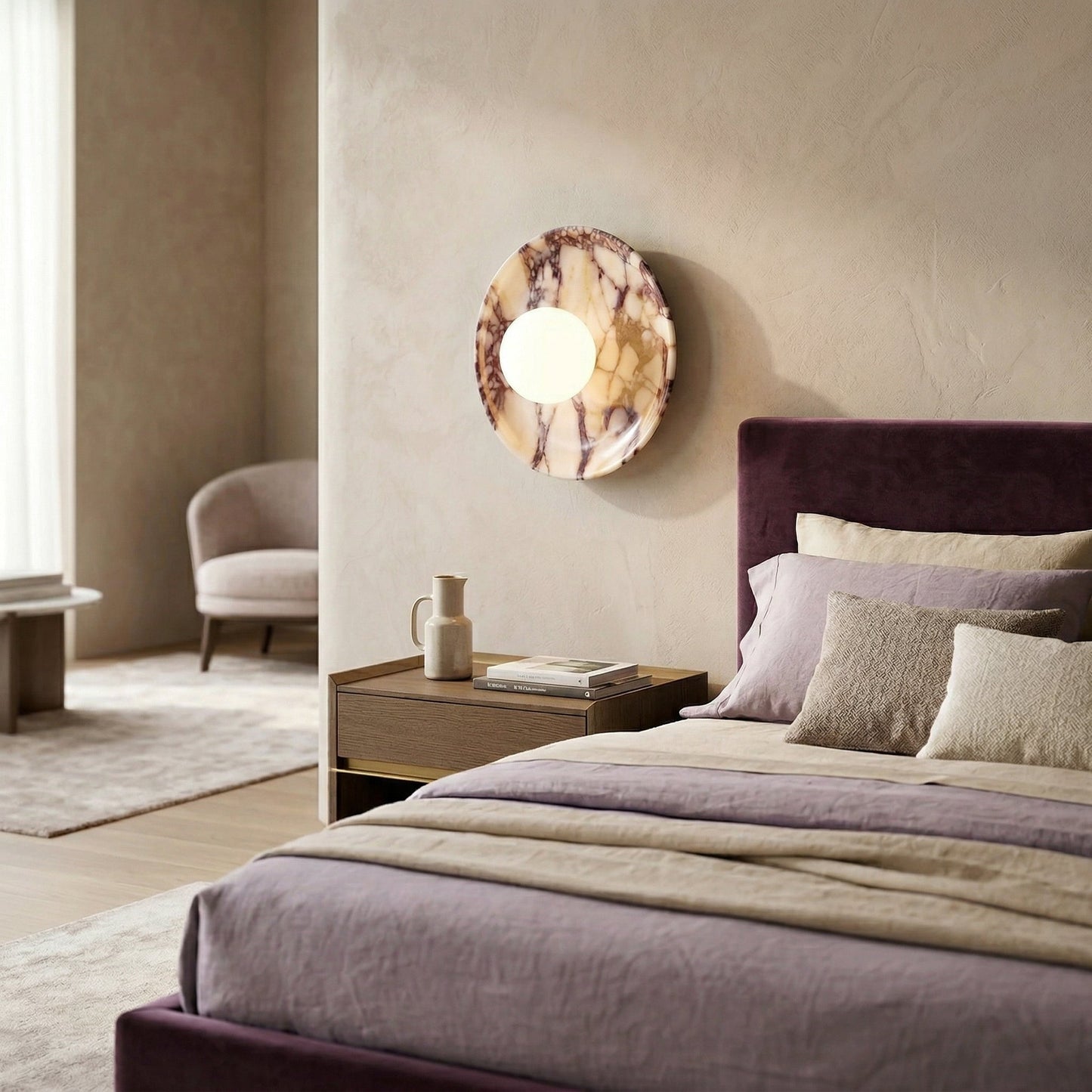 Viola Marble Wall Lamp - Natural Calacatta Viola & Frosted Glass Globe Sconce | Custom Stone Selection Wall Light