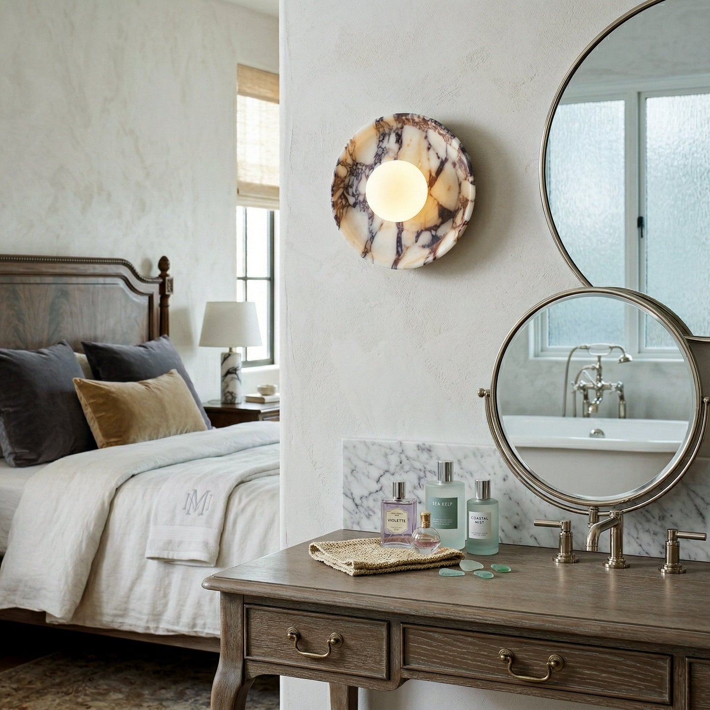 Viola Marble Wall Lamp - Natural Calacatta Viola & Frosted Glass Globe Sconce | Custom Stone Selection Wall Light