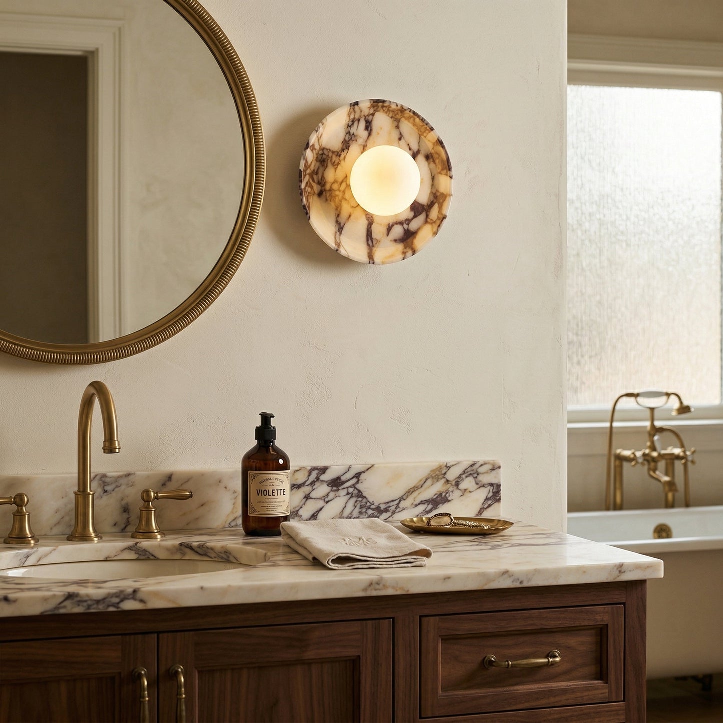 Viola Marble Wall Lamp - Natural Calacatta Viola & Frosted Glass Globe Sconce | Custom Stone Selection Wall Light