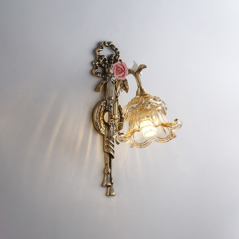 Margaux Fleur Wall Lamp - Brass & Glass Sconce with Ceramic Flower Accent