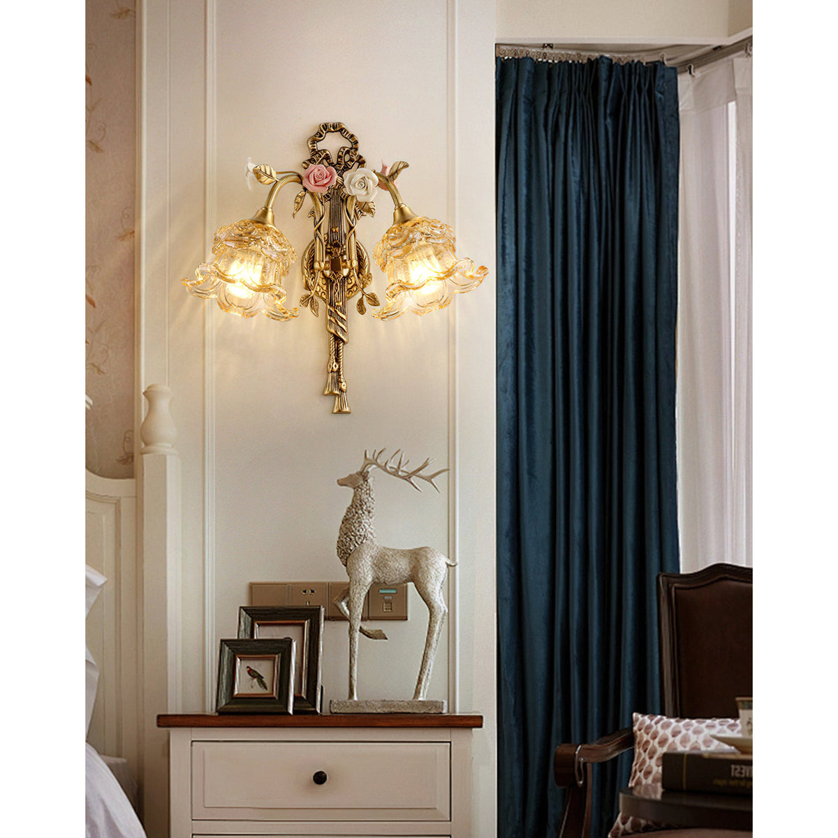 Margaux Fleur Wall Lamp - Brass & Glass Sconce with Ceramic Flower Accent