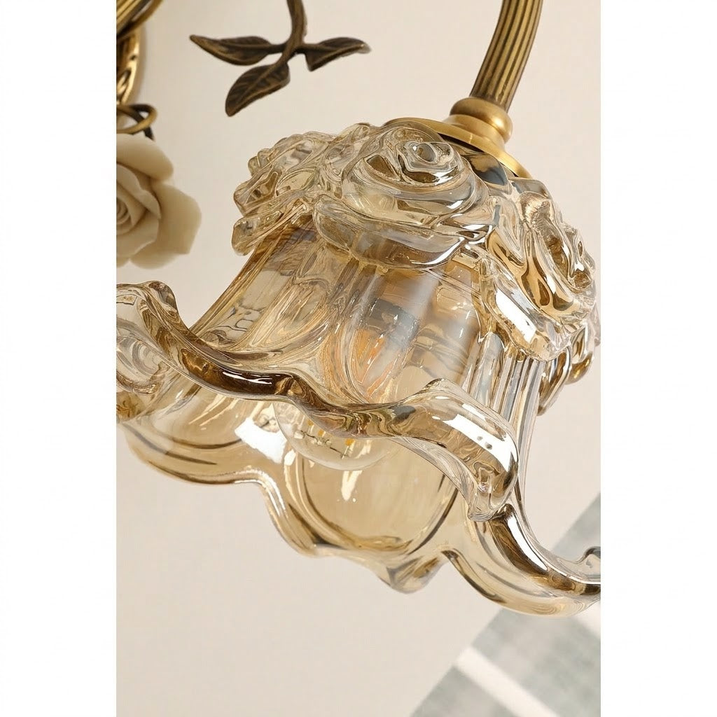 Margaux Fleur Wall Lamp - Brass & Glass Sconce with Ceramic Flower Accent